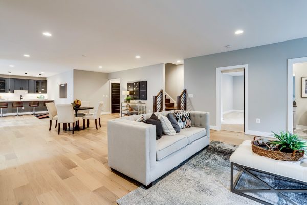 Basement rec room with a wet bar.