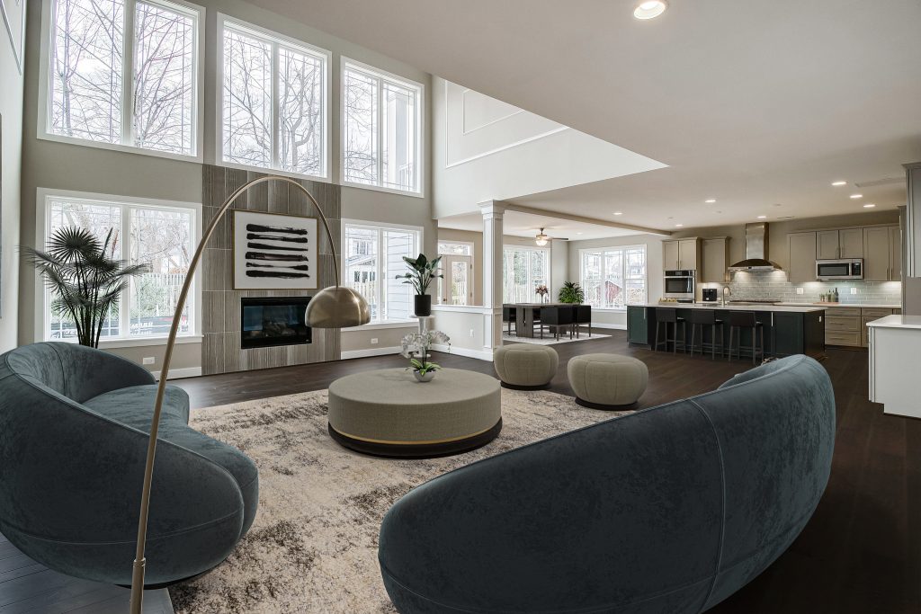 Hampton II Living room. Open concept space with a view of the living room and kitchen. 